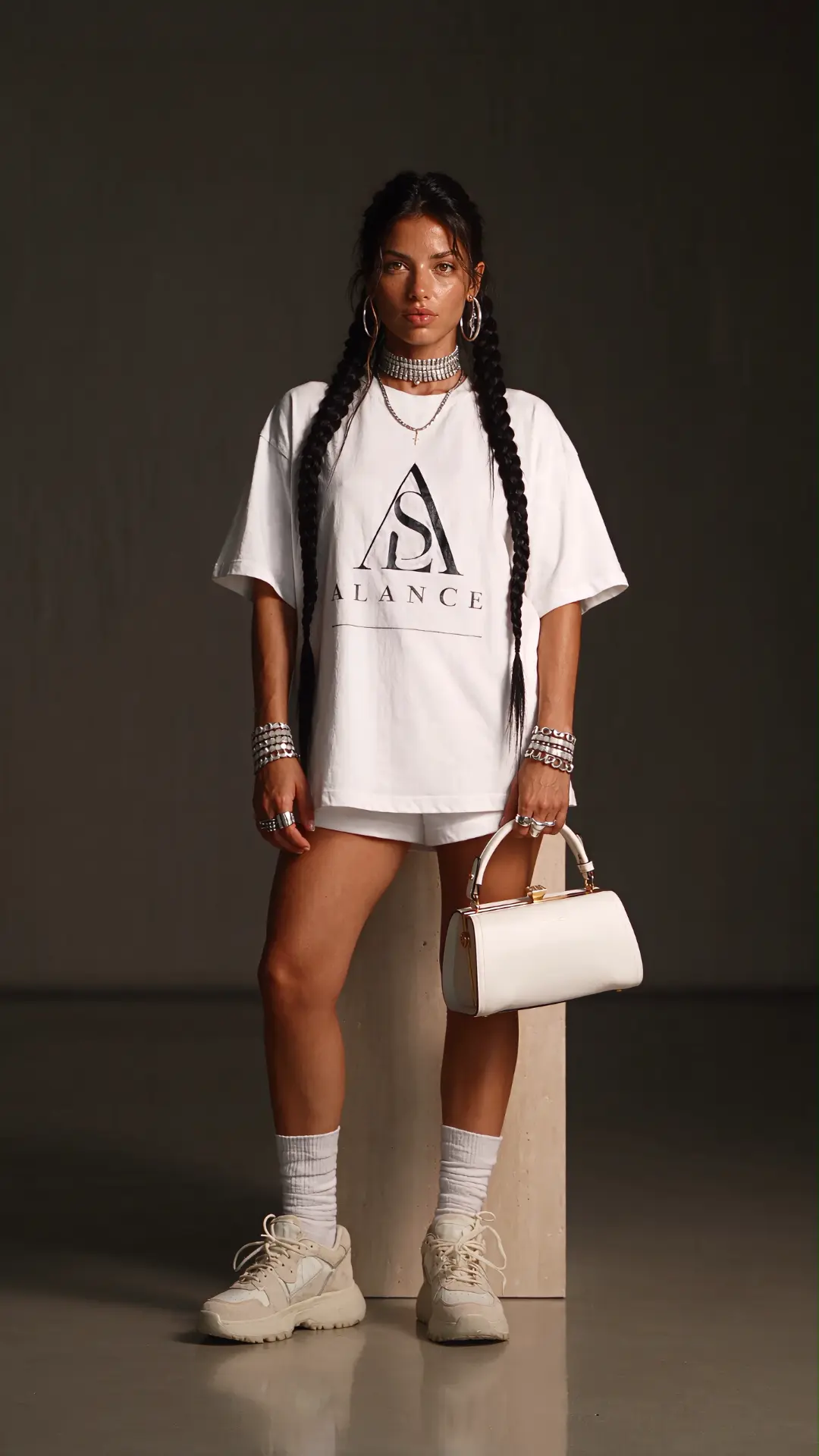 Modelo con camiseta Alance y el bolso blanco de la maison